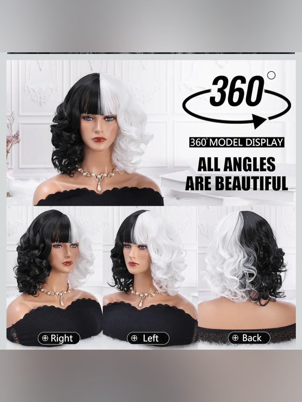 101 Dalmations Cruella Deville Black & White Two-Tone Wig - Black And White